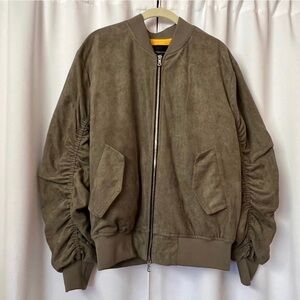 Men's Lifted Anchors Bird Neutral Green Suede Zip Up Bomber Jacket Size Medium